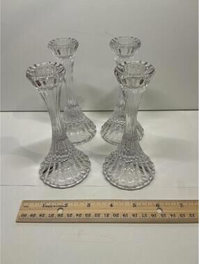 Set of 4 Clear Glass Candlestick Holders Ribbed Fluted Vintage Style 5" Tall